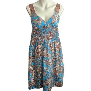 Trina Turk‎ Size 2,  100% Silk Blue & Brown Print Dress Elastic Waist